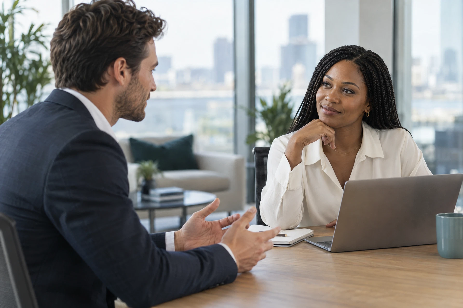 Illustrative professional recruitment conversation in a bright office